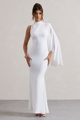 White High-Neck Cape-Sleeve Maxi Dress